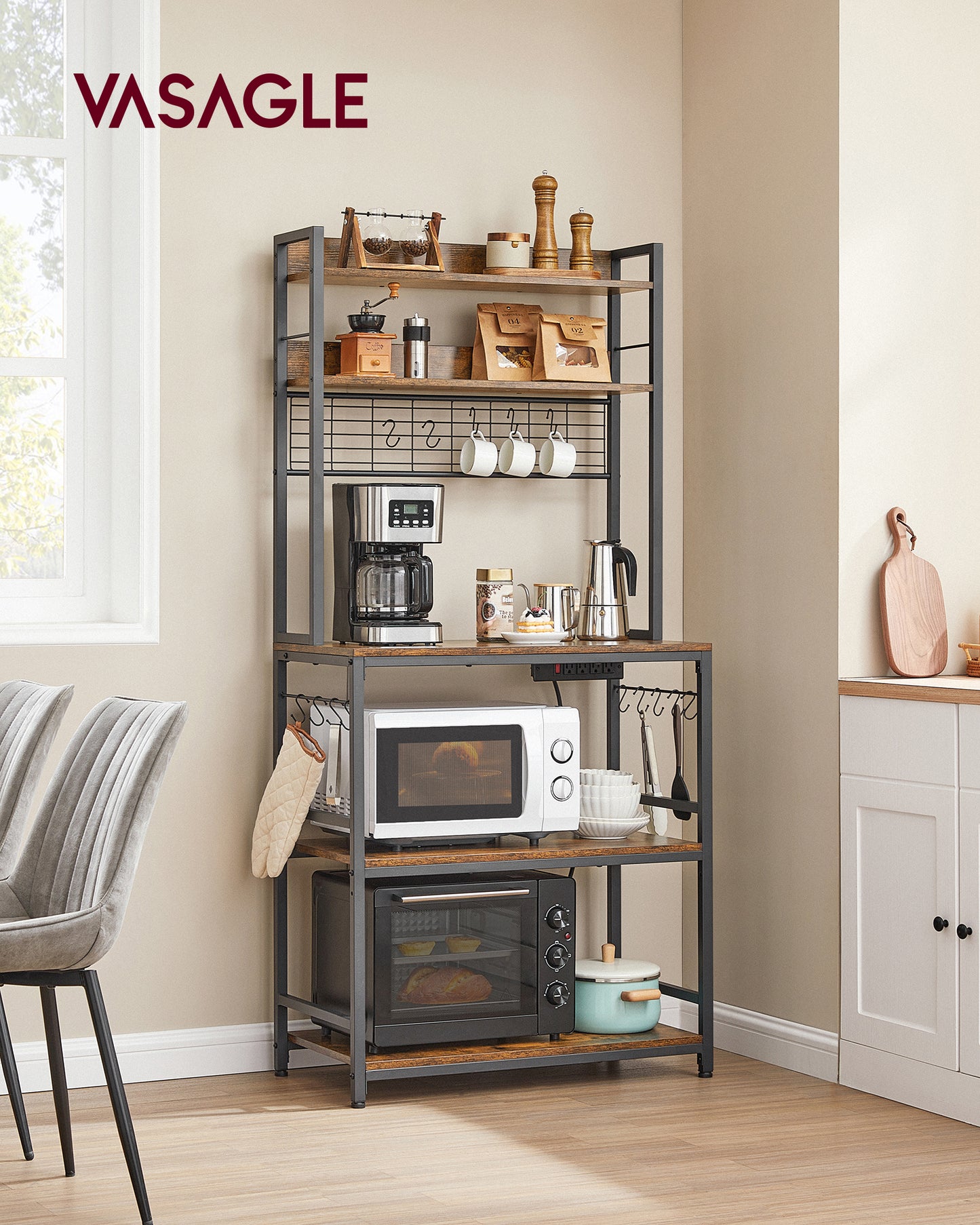 VASAGLE Hutch Bakers Rack with Power Outlet, Kitchen Storage Shelf, Rustic Brown and Black