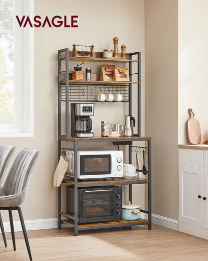 VASAGLE Hutch Bakers Rack with Power Outlet, Kitchen Storage Shelf, Rustic Brown and Black