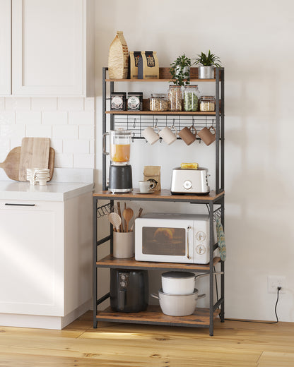 VASAGLE Hutch Bakers Rack with Power Outlet, Kitchen Storage Shelf, Rustic Brown and Black