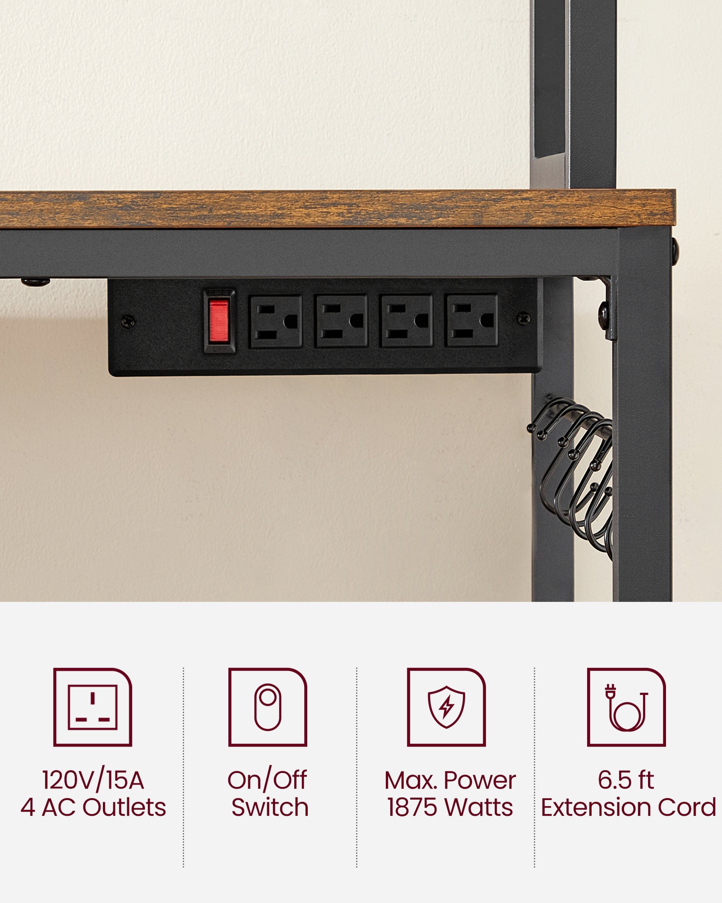 VASAGLE Hutch Bakers Rack with Power Outlet, Kitchen Storage Shelf, Rustic Brown and Black
