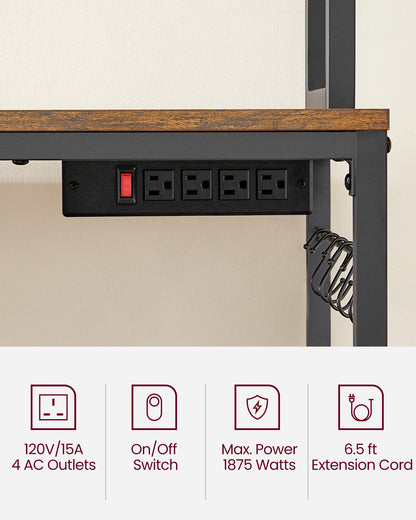 VASAGLE Hutch Bakers Rack with Power Outlet, Kitchen Storage Shelf, Rustic Brown and Black