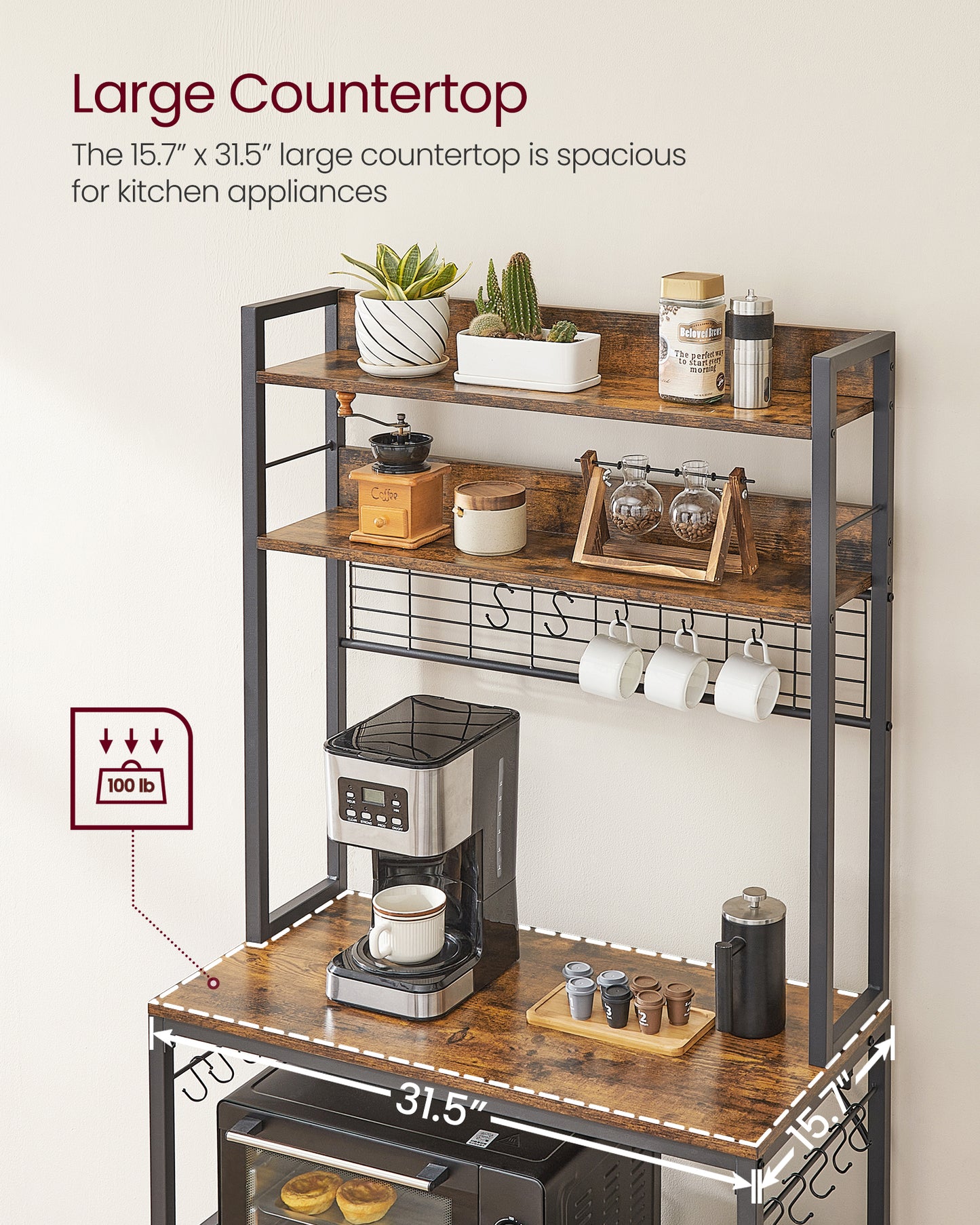 VASAGLE Hutch Bakers Rack with Power Outlet, Kitchen Storage Shelf, Rustic Brown and Black