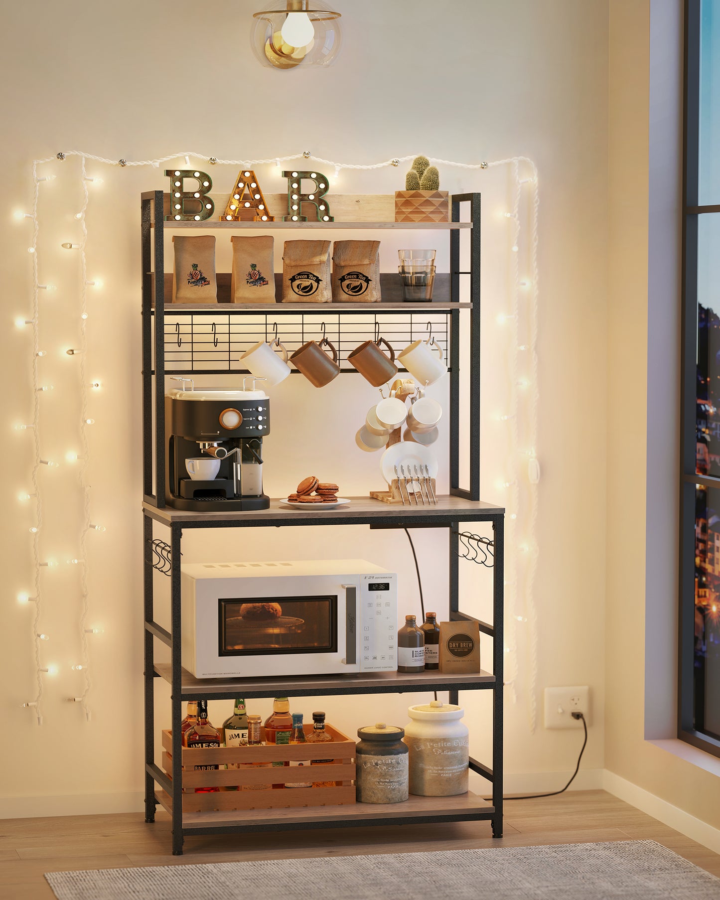Hutch Bakers Rack with Power Outlet, 14 Hooks Microwave Stand, Adjustable Coffee Bar , Kitchen Storage Shelf, 15.7 x 31.5 x 66.9 Inches