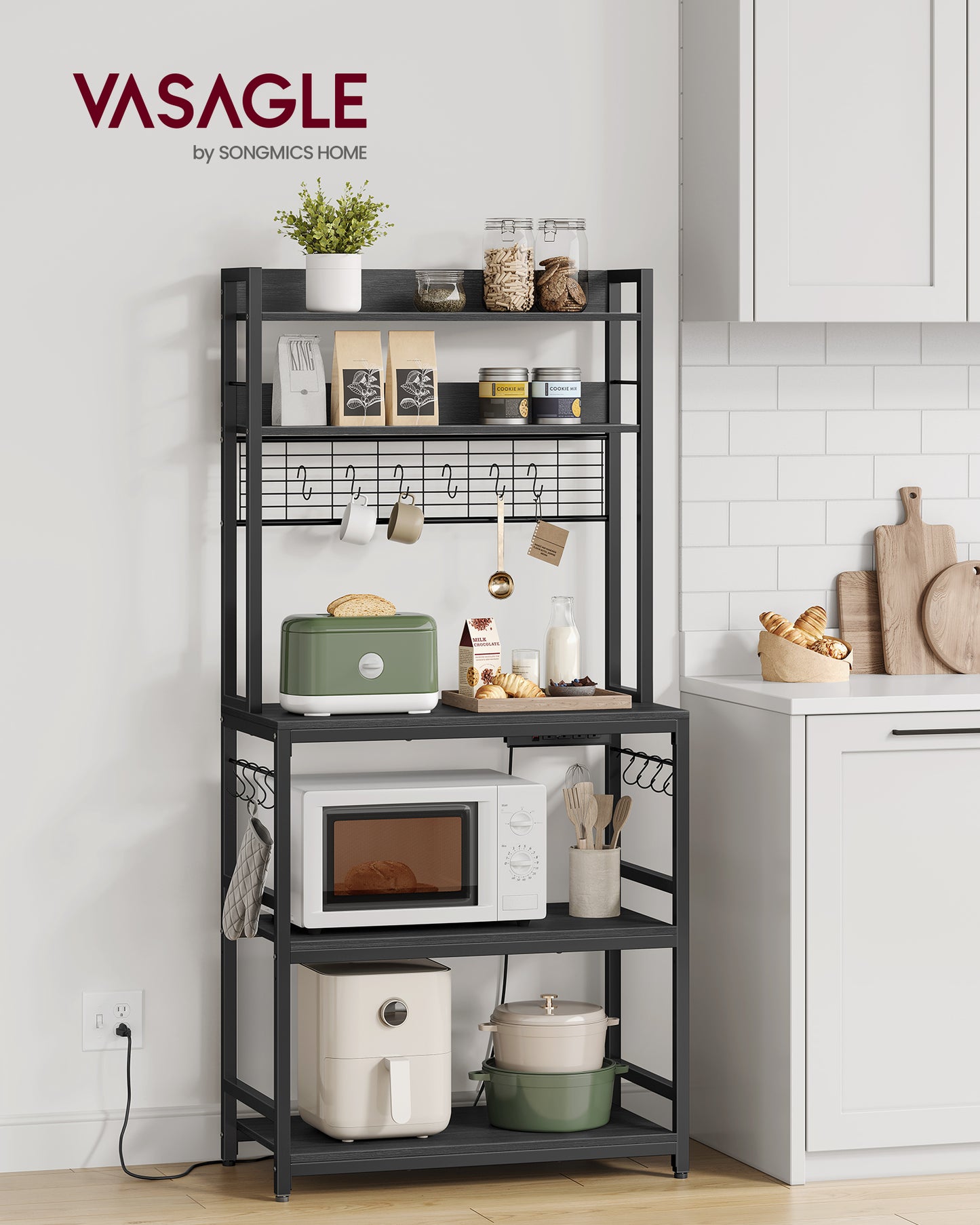 Hutch Bakers Rack with Power Outlet, 14 Hooks Microwave Stand, Adjustable Coffee Bar with Metal Wire Panel,Charcoal Gray and Ink Black