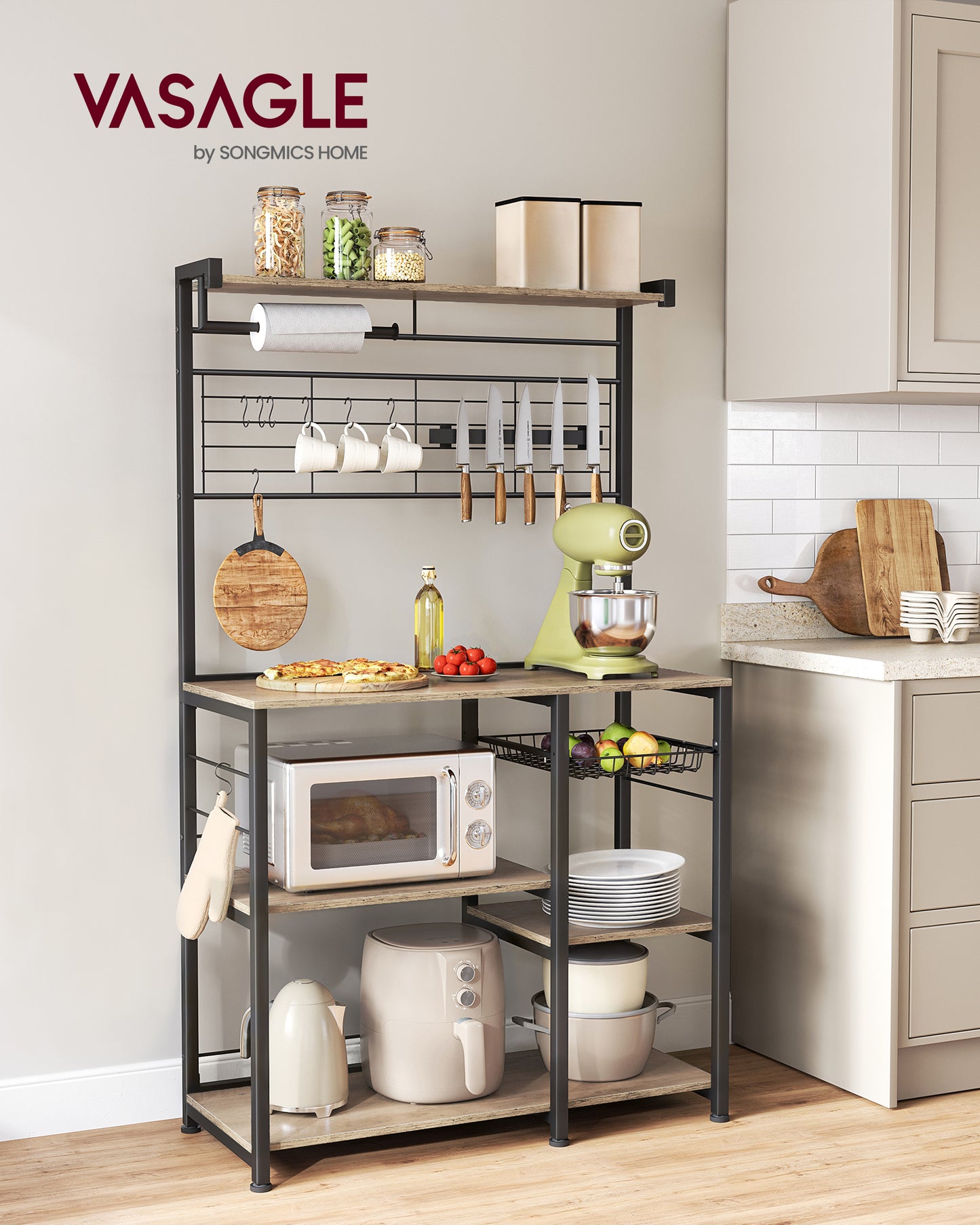 Bakers Rack with Magnetic Knife Holder, Paper Holder, Wire Basket, 8 Hooks, Greige and Black