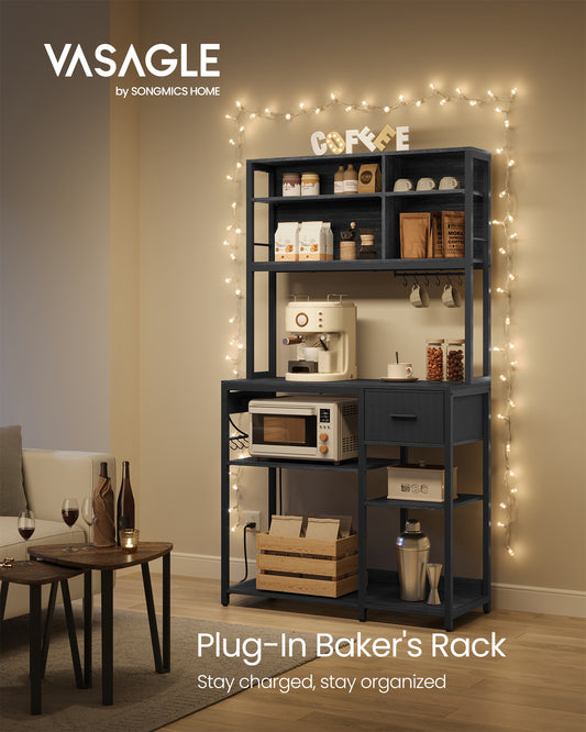 Versatile Bakers Rack with USB Charging Station, Adjustable Shelves & Fabric Drawer, 15.7x39.4x71 Inches, Charcoal Gray and Ink Black