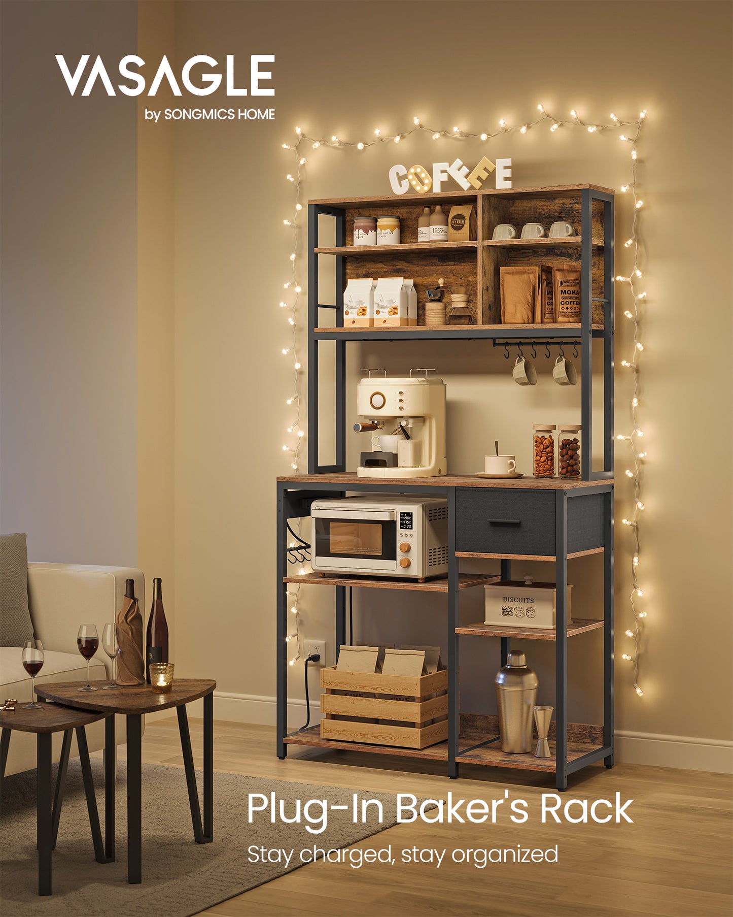 Bakers Rack with Charging Station, Coffee Bar Stand with Adjustable Shelves, Rustic Brown