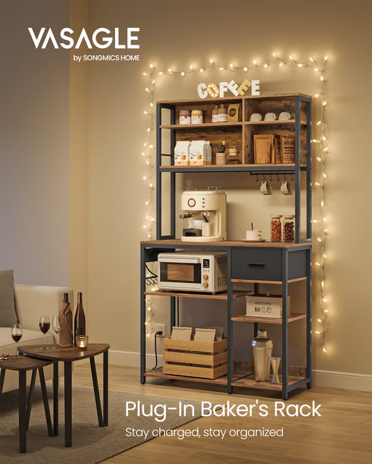 Bakers Rack with Charging Station, Coffee Bar Stand with Adjustable Shelves, Rustic Brown