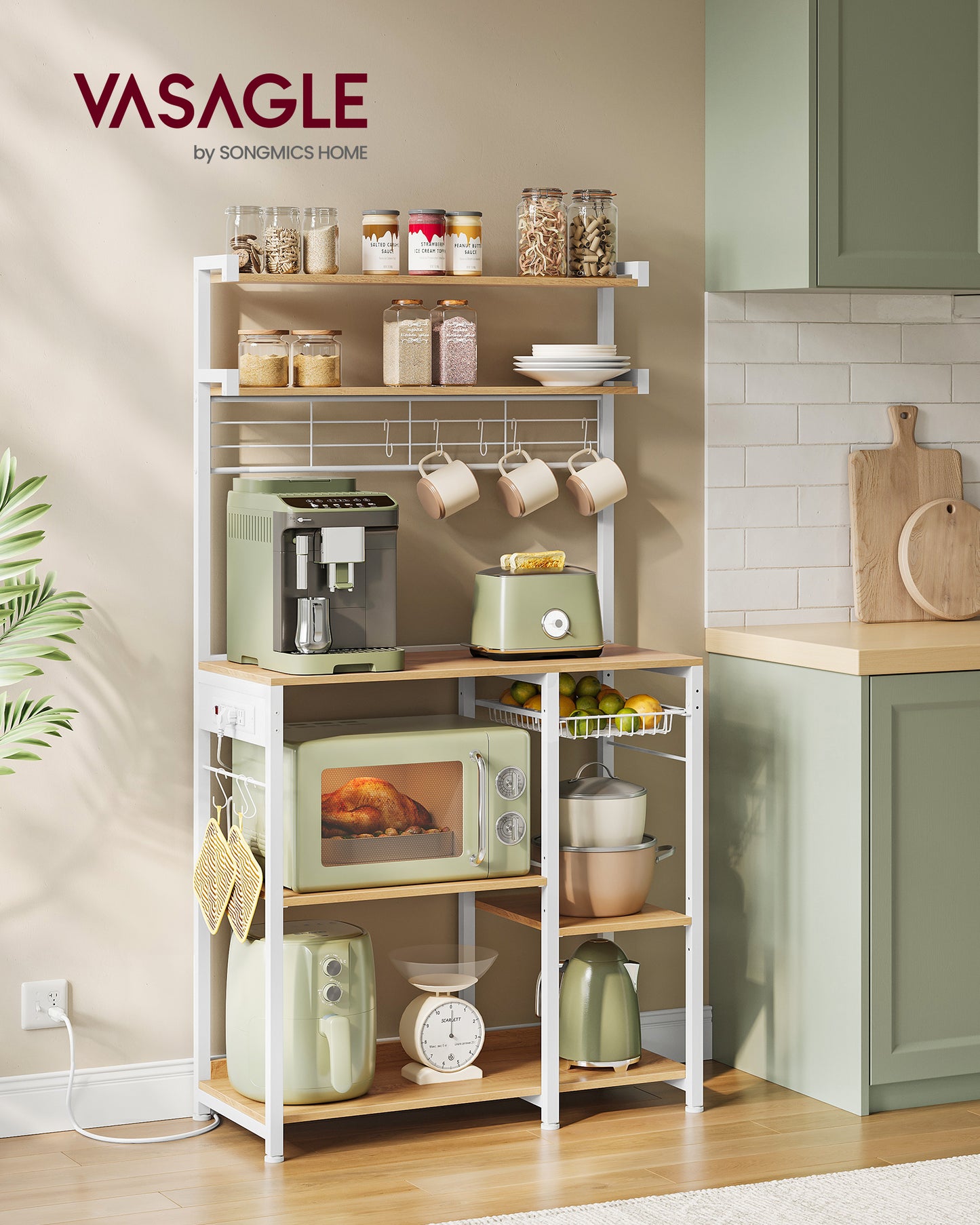 Bakers Rack with Power Outlet, 35.4 Inches Microwave Stand, Coffee Bar, 4 AC Outlets, with Adjustable Shelves, 8 S-Hooks, Basket, Spice Racks