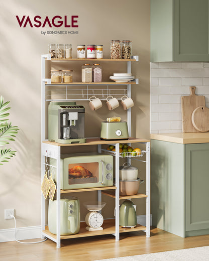 Bakers Rack with Power Outlet, 35.4 Inches Microwave Stand, Coffee Bar, 4 AC Outlets, with Adjustable Shelves, 8 S-Hooks, Basket, Spice Racks
