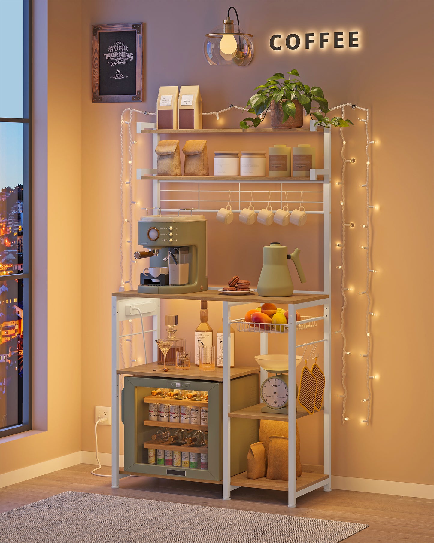 Bakers Rack with Power Outlet, 35.4 Inches Microwave Stand, Coffee Bar, 4 AC Outlets, with Adjustable Shelves, 8 S-Hooks, Basket, Spice Racks