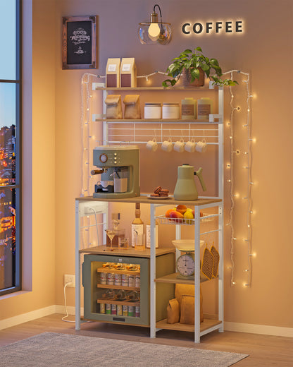Bakers Rack with Power Outlet, 35.4 Inches Microwave Stand, Coffee Bar, 4 AC Outlets, with Adjustable Shelves, 8 S-Hooks, Basket, Spice Racks