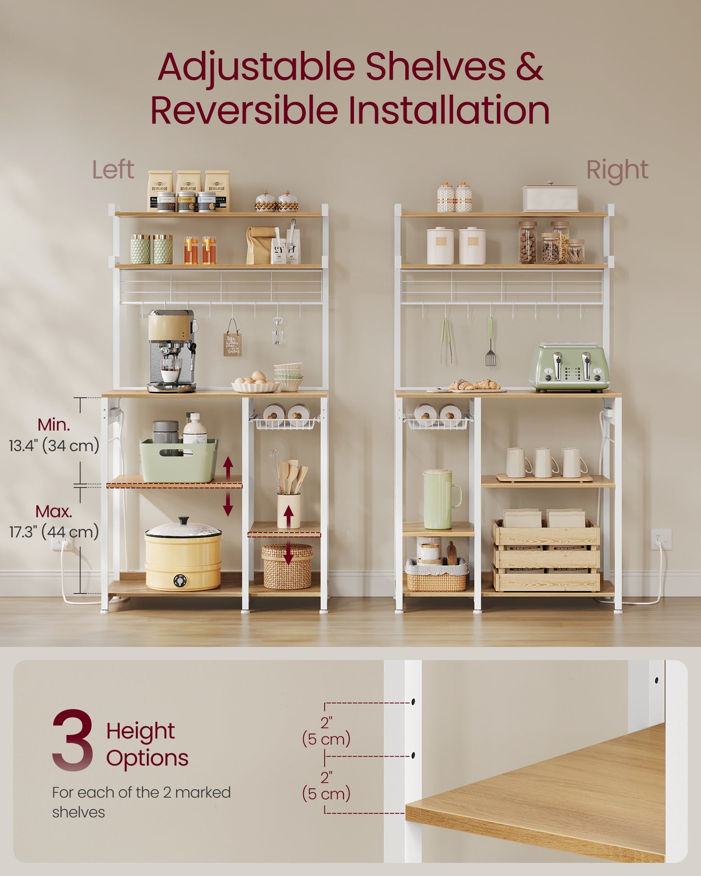 Bakers Rack with Power Outlet, 35.4 Inches Microwave Stand, Coffee Bar, 4 AC Outlets, with Adjustable Shelves, 8 S-Hooks, Basket, Spice Racks
