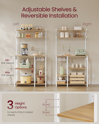 Bakers Rack with Power Outlet, 35.4 Inches Microwave Stand, Coffee Bar, 4 AC Outlets, with Adjustable Shelves, 8 S-Hooks, Basket, Spice Racks