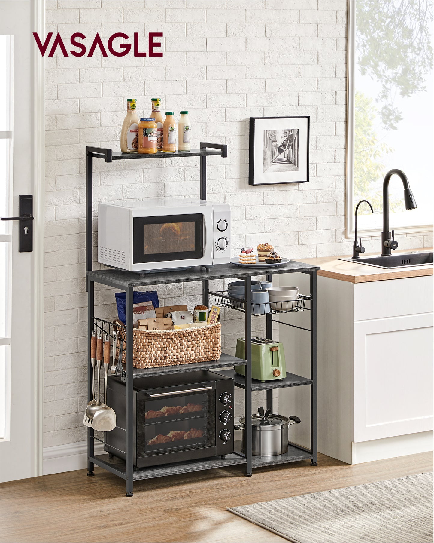 Baker's Rack, Microwave Stand, Kitchen Storage Rack with Wire Basket, 6 Hooks, and Shelves, for Spices, Pots, and Pans