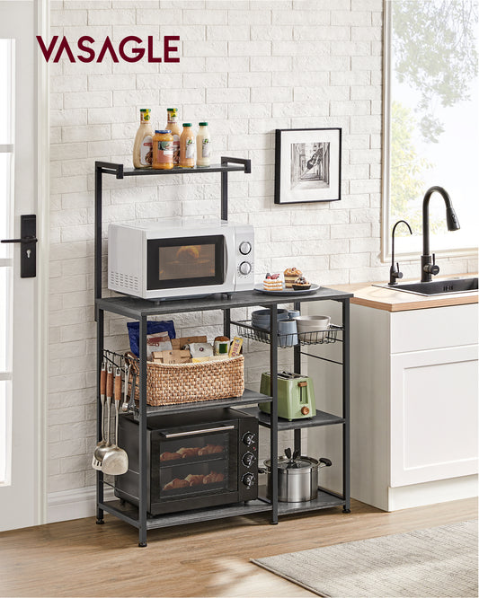 Baker's Rack, Microwave Stand, Kitchen Storage Rack with Wire Basket, 6 Hooks, and Shelves, for Spices, Pots, and Pans