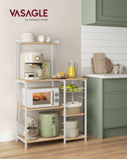 Bakers Rack, Microwave Stand, Kitchen Storage Rack with Wire Basket, 6 Hooks, and Shelves, Golden Oak and Cloud White