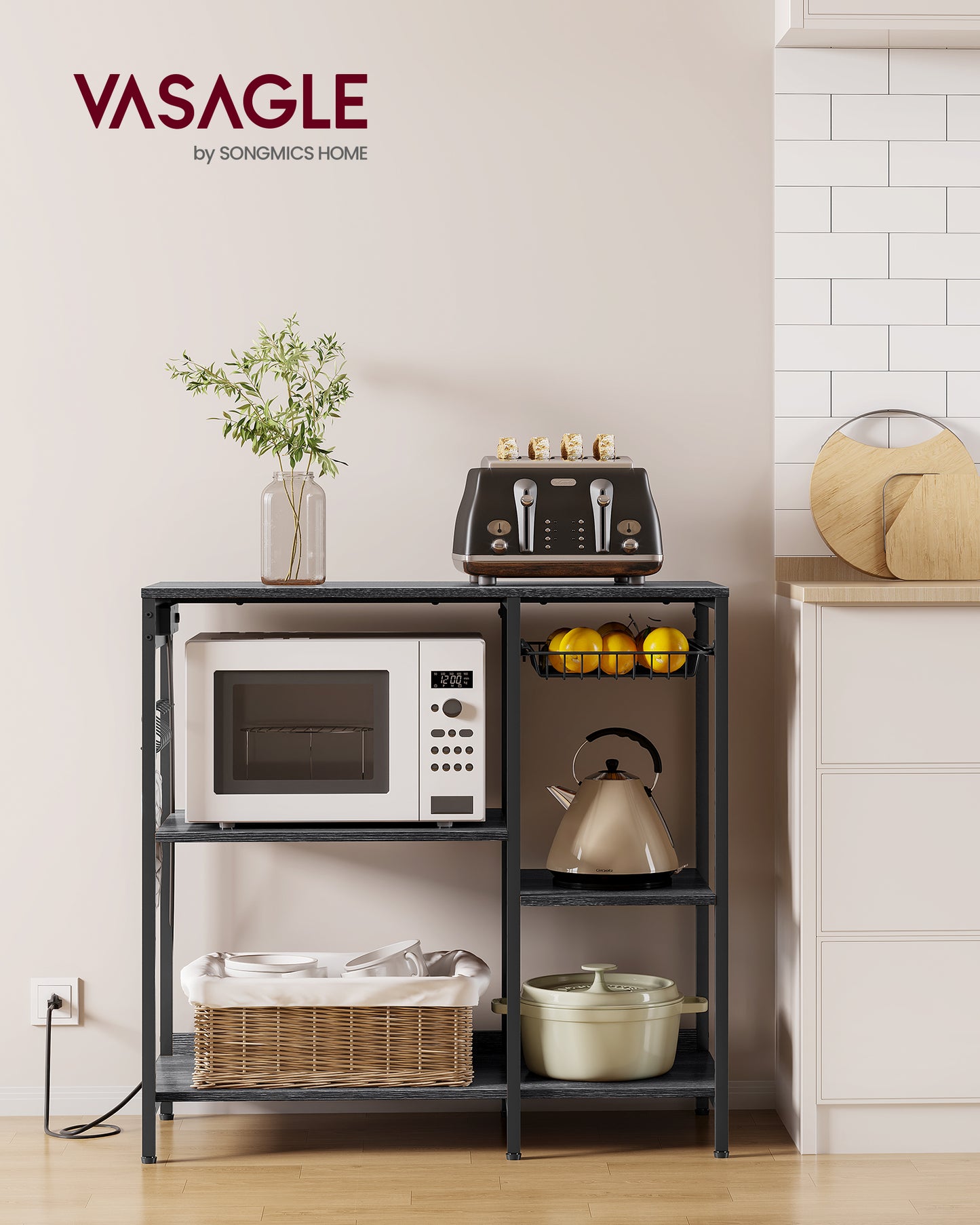 Kitchen Baker's Rack with Charging Station - Adjustable Shelves, Pull-Out Basket & Power Strip, Microwave Stand, Charcoal Gray