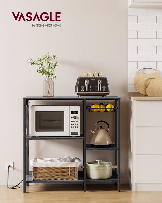 Kitchen Baker's Rack with Charging Station - Adjustable Shelves, Pull-Out Basket & Power Strip, Microwave Stand, Charcoal Gray