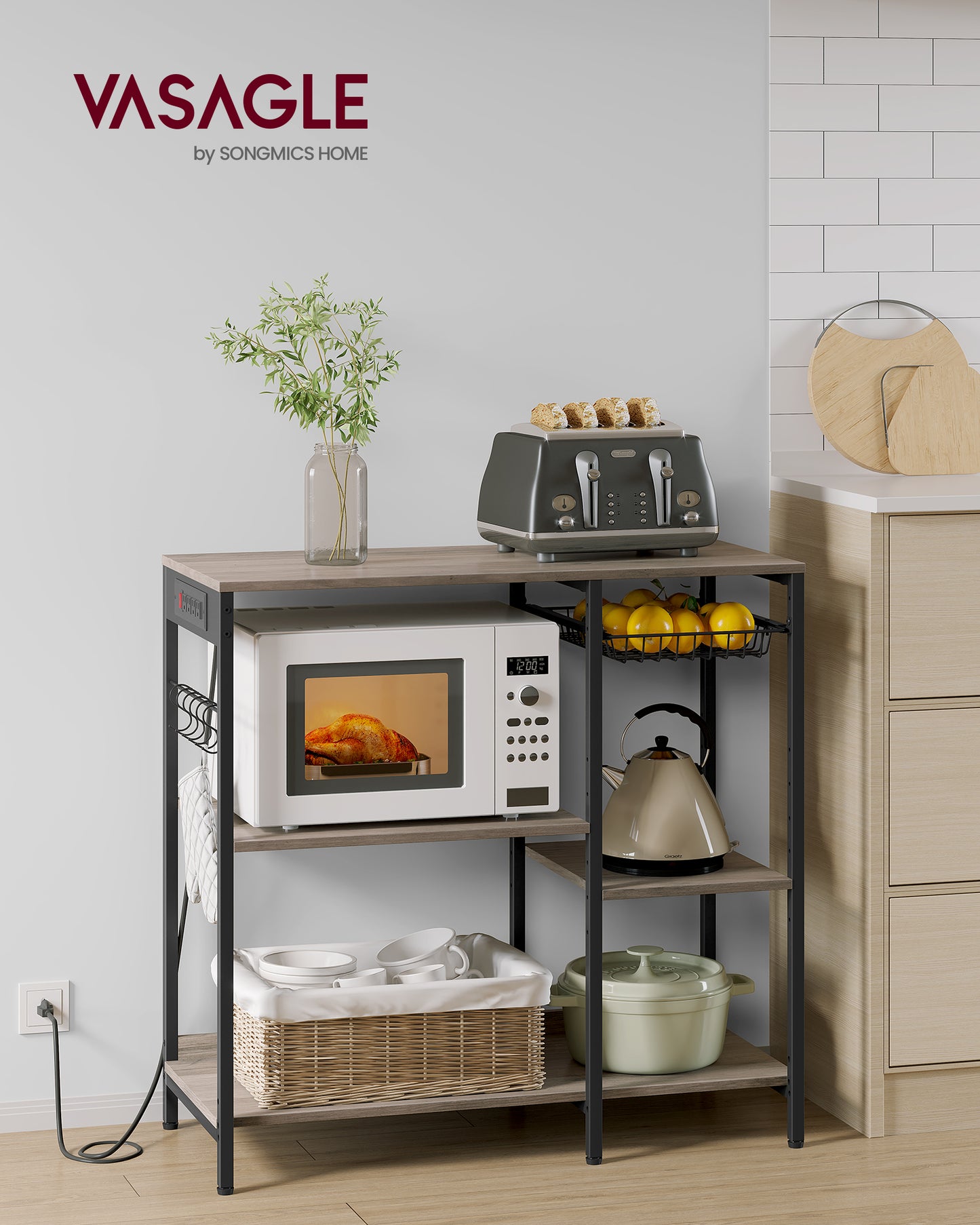 Baker's Rack, Coffee Bar Stand with Charging Station, Storage Shelves, 15.7 x 35.4 x 35.6 Inches, Greige