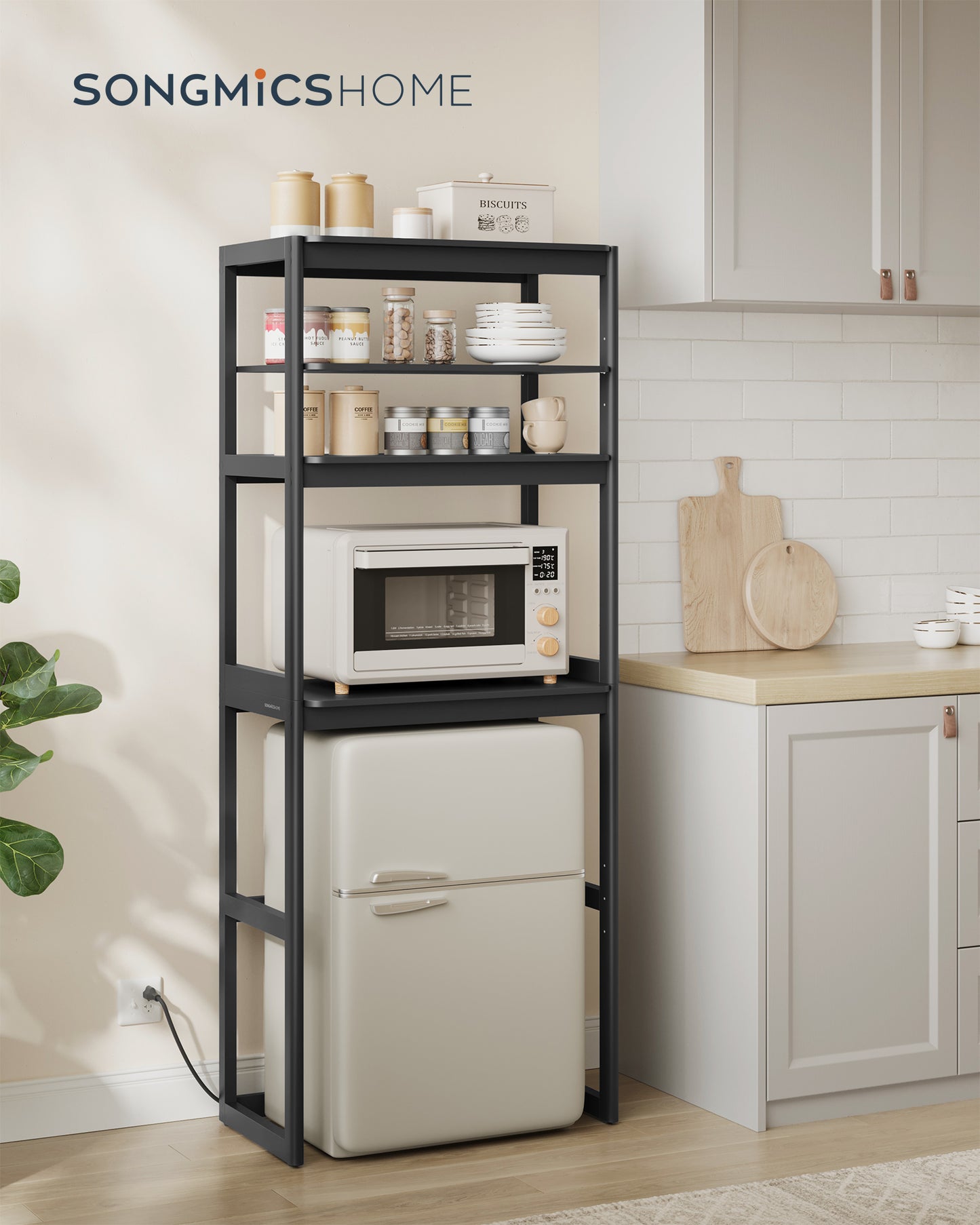 Kitchen Bakers Rack with Power Outlet, 4-Tier Coffee Bar Table with Adjustable Shelf, Mini Fridge Shelf, 15.7 x 23.6 x 66.9 Inches, Ink Black