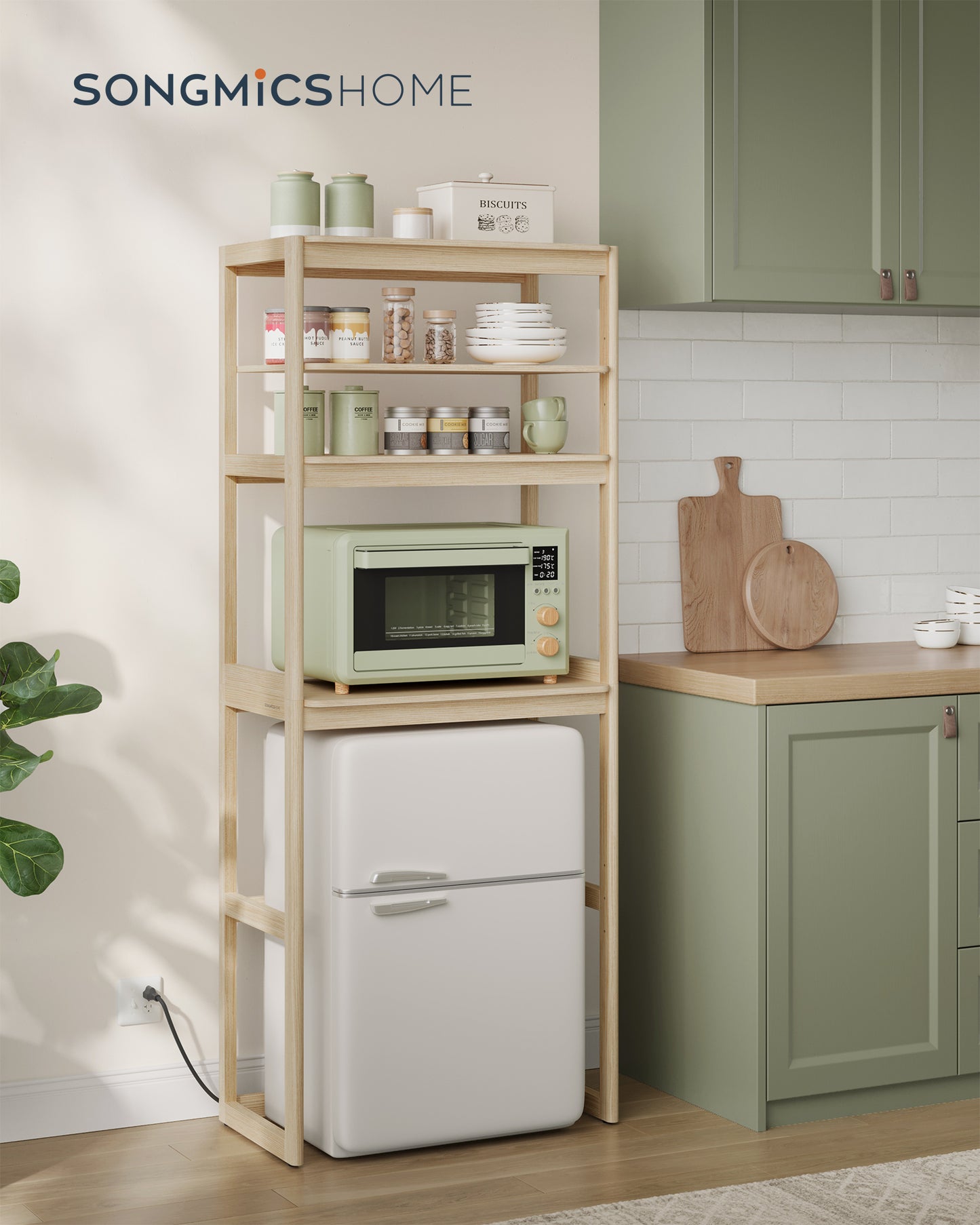 Kitchen Bakers Rack with Power Outlet, 4-Tier Coffee Bar Table with Adjustable Shelf, Mini Fridge Shelf, 15.7 x 23.6 x 66.9 Inches, Natural Beige