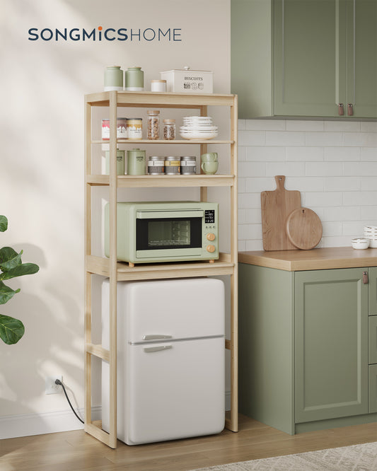 Kitchen Bakers Rack with Power Outlet, 4-Tier Coffee Bar Table with Adjustable Shelf, Mini Fridge Shelf, 15.7 x 23.6 x 66.9 Inches, Natural Beige