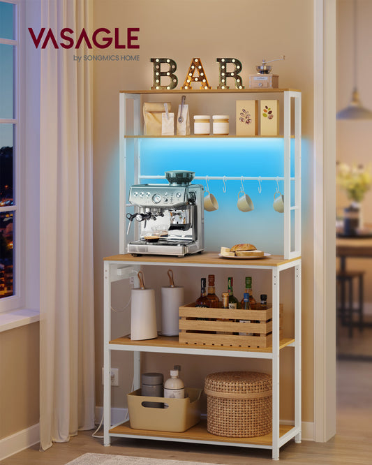 Modern Coffee Bar Cart with LED Lighting, Adjustable Shelves & Power Outlet, Multi-Purpose Kitchen Bakers Rack, 65.7 Inches Tall, Golden Oak