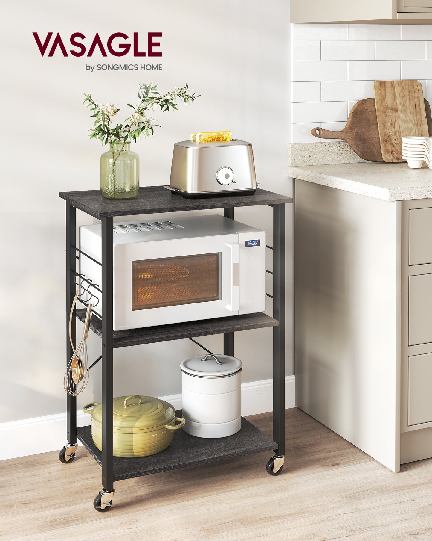 Kitchen Shelf on Wheels, Serving Cart with 3 Shelves, Kitchen Cart, Microwave Shelf