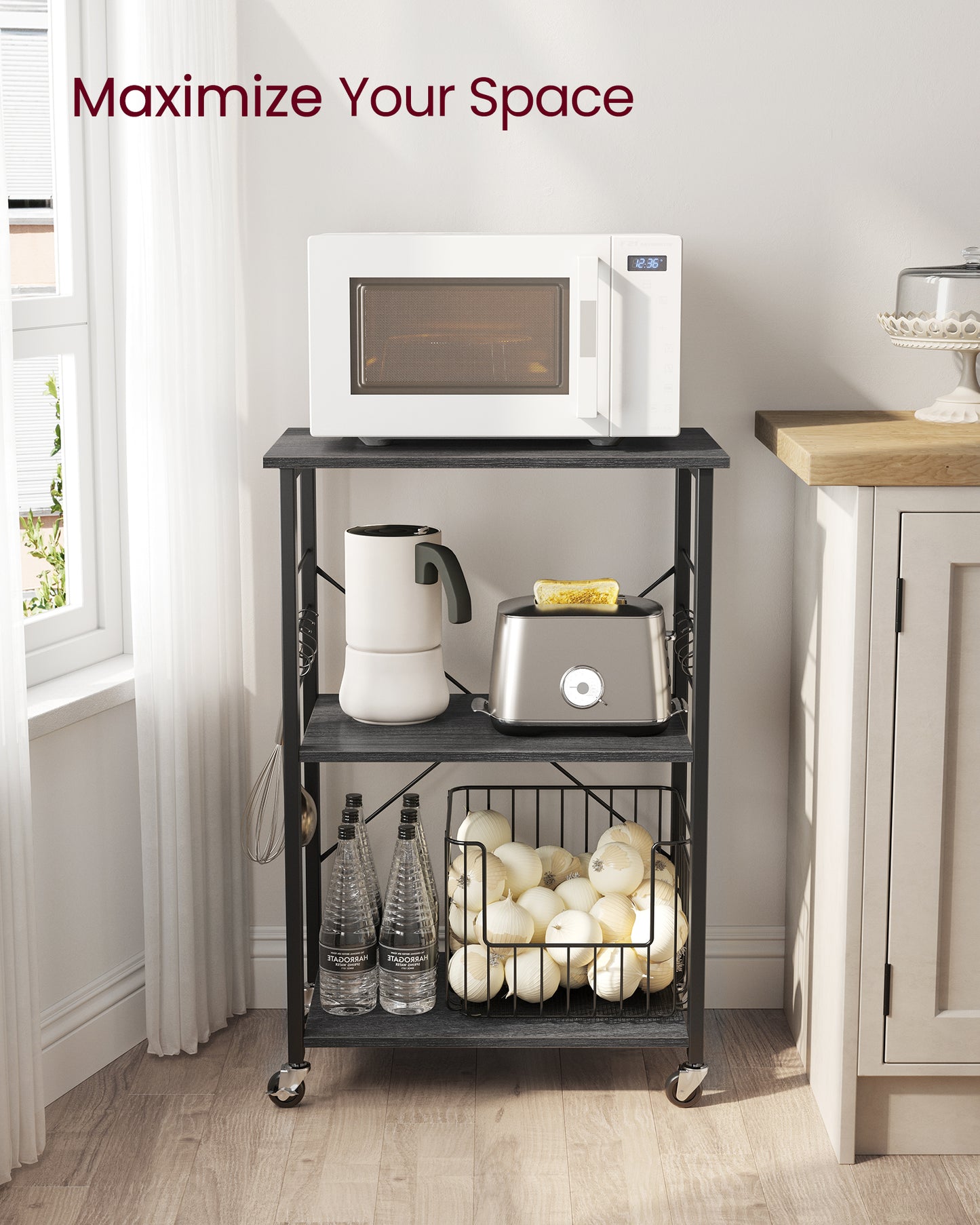 Kitchen Shelf on Wheels, Serving Cart with 3 Shelves, Kitchen Cart, Microwave Shelf, for Mini Oven, Toaster, with 6 Hooks, Industrial Stylee