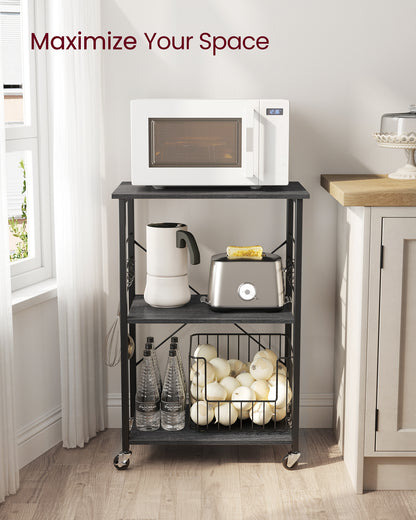 Kitchen Shelf on Wheels, Serving Cart with 3 Shelves, Kitchen Cart, Microwave Shelf, for Mini Oven, Toaster, with 6 Hooks, Industrial Stylee