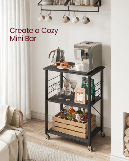 Kitchen Shelf on Wheels, Serving Cart with 3 Shelves, Kitchen Cart, Microwave Shelf, for Mini Oven, Toaster, with 6 Hooks, Industrial Stylee