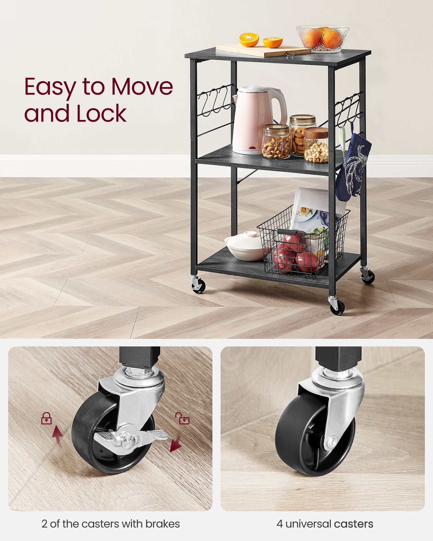 Kitchen Shelf on Wheels, Serving Cart with 3 Shelves, Kitchen Cart, Microwave Shelf, for Mini Oven, Toaster, with 6 Hooks, Industrial Stylee