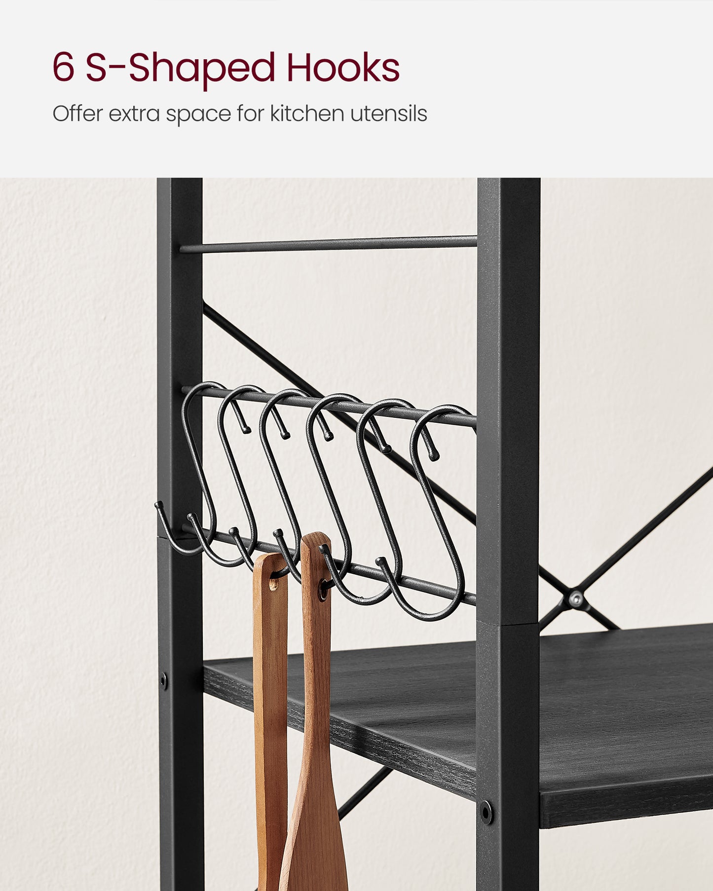 Kitchen Shelf on Wheels, Serving Cart with 3 Shelves, Kitchen Cart, Microwave Shelf, for Mini Oven, Toaster, with 6 Hooks, Industrial Stylee