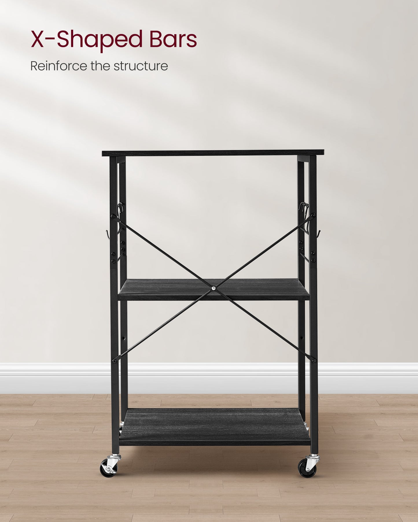 Kitchen Shelf on Wheels, Serving Cart with 3 Shelves, Kitchen Cart, Microwave Shelf, for Mini Oven, Toaster, with 6 Hooks, Industrial Stylee