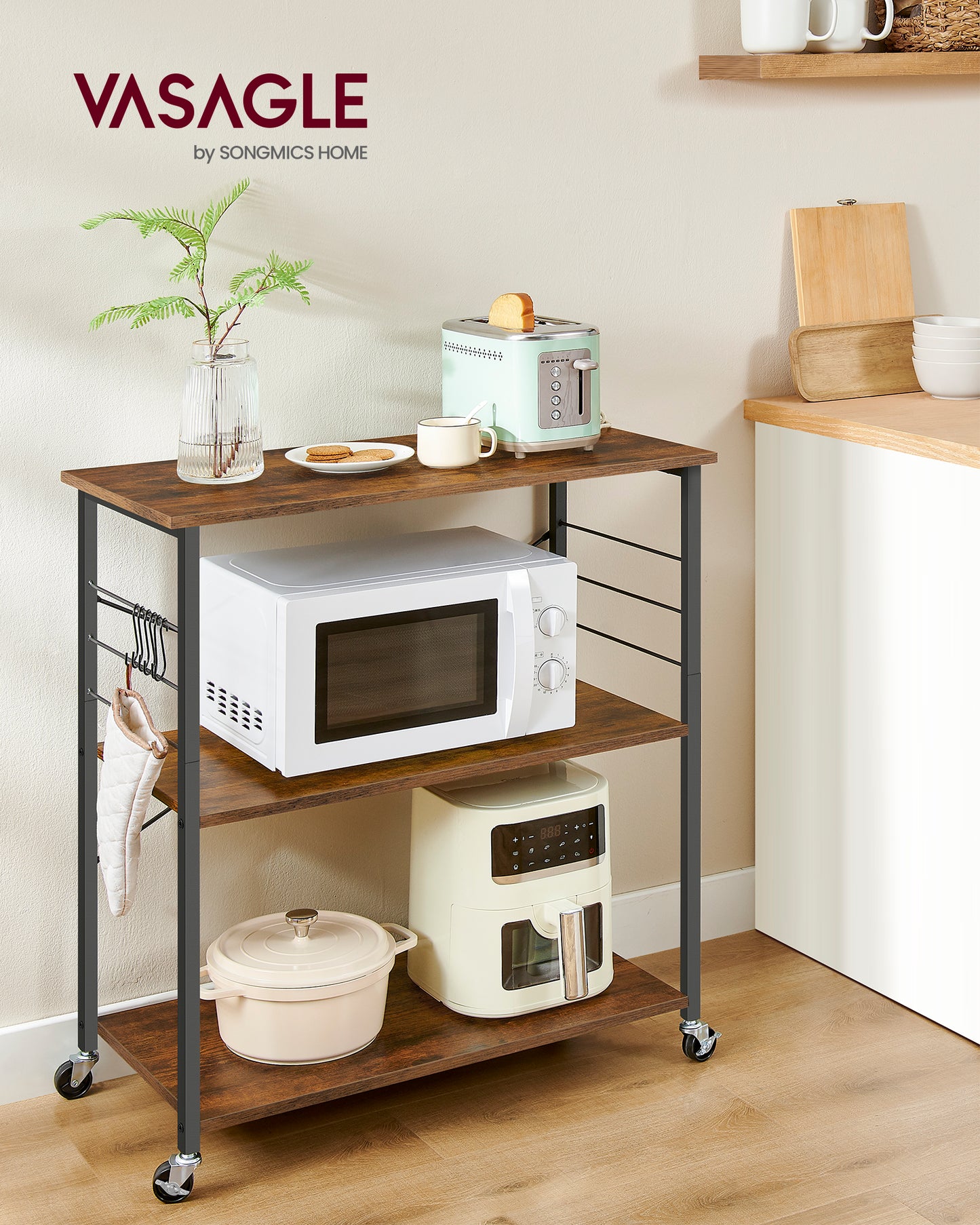 Rustic Brown & Black Industrial - Style Kitchen Cart on Wheels - 3 - Shelf Serving Cart with 6 Hooks. Ideal for Microwave, Mini Oven, Toaster