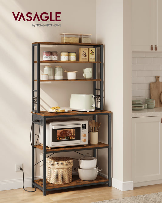 Bakers Rack with Power Outlet, 31.5 Inches Coffee Bar for Kitchen with Storage, 6-Tier Kitchen Shelves with 6 Hooks, Microwave Stand