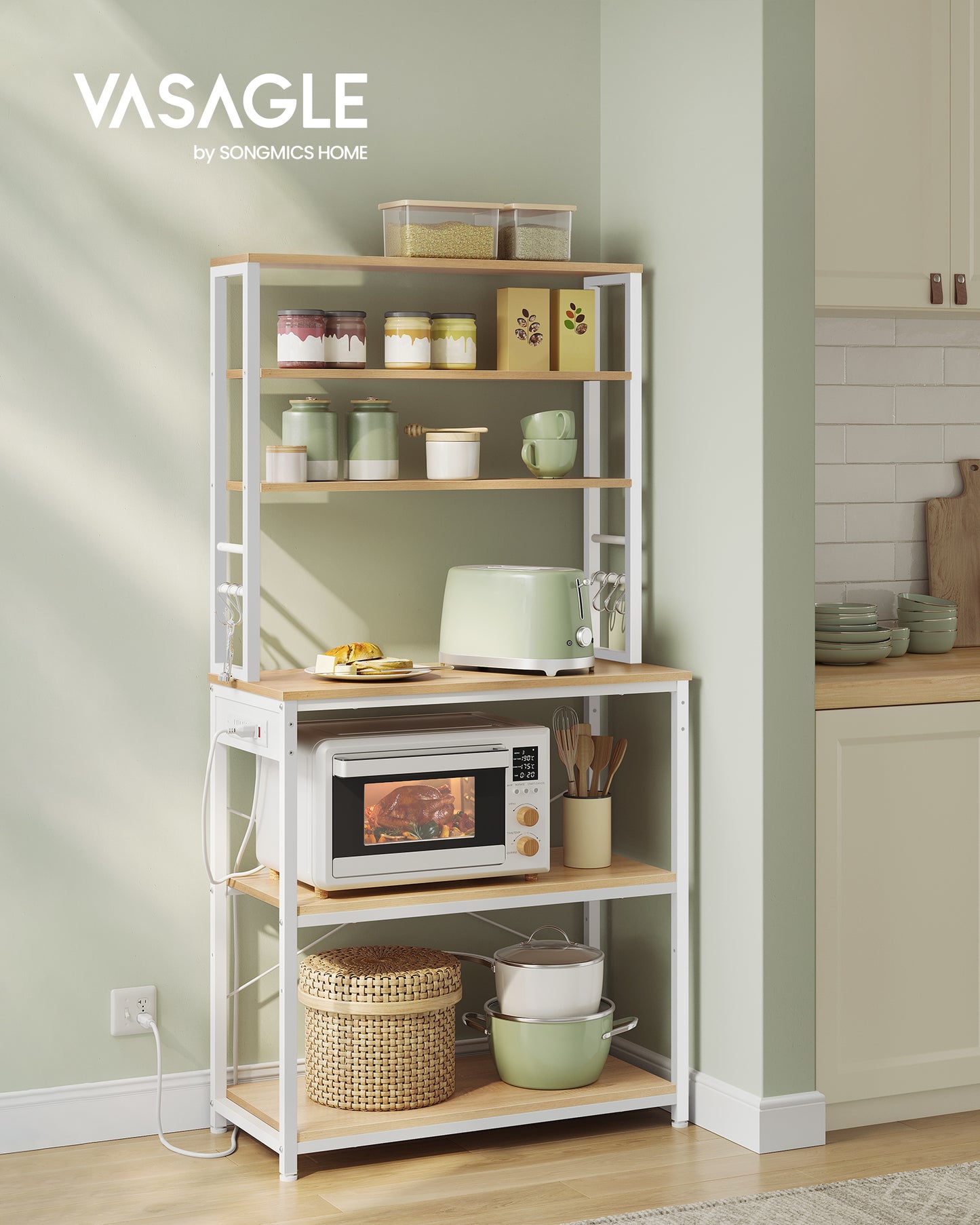 Golden Oak & White Bakers Rack - 31.5 - Inch Coffee Bar with Power Outlet. 6 - Tier Kitchen Shelves with 6 Hooks, Perfect as Microwave Stand