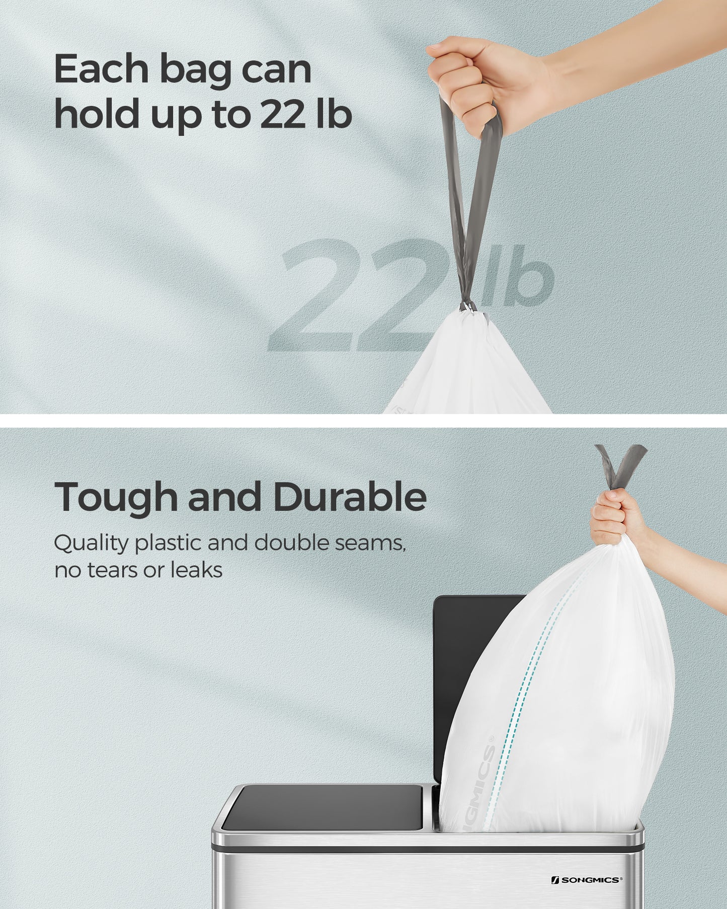 SONGMICS 180 Count Trash Bags, for 8-Gallon Trash Cans, Drawstring Kitchen Garbage Bags, Pre-Separated, Liner Code 30A, 4 Rolls, White