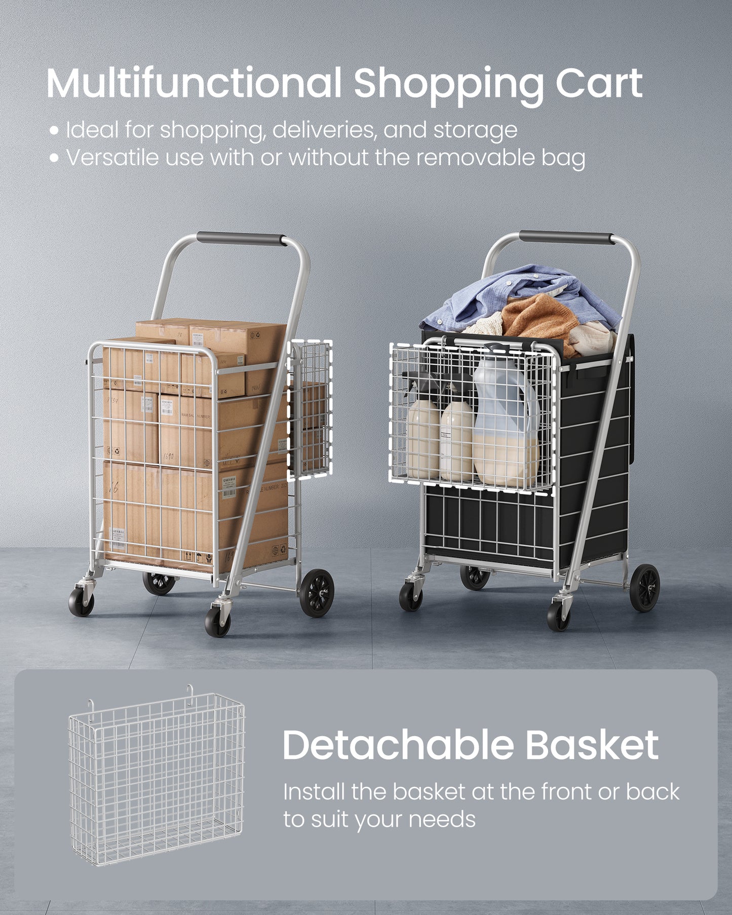 Shopping carts, Small Foldable Shopping Cart, Shopping Cartswith Detachable Liner, Utility Cart, 360° SwivelBag, Removable Basket