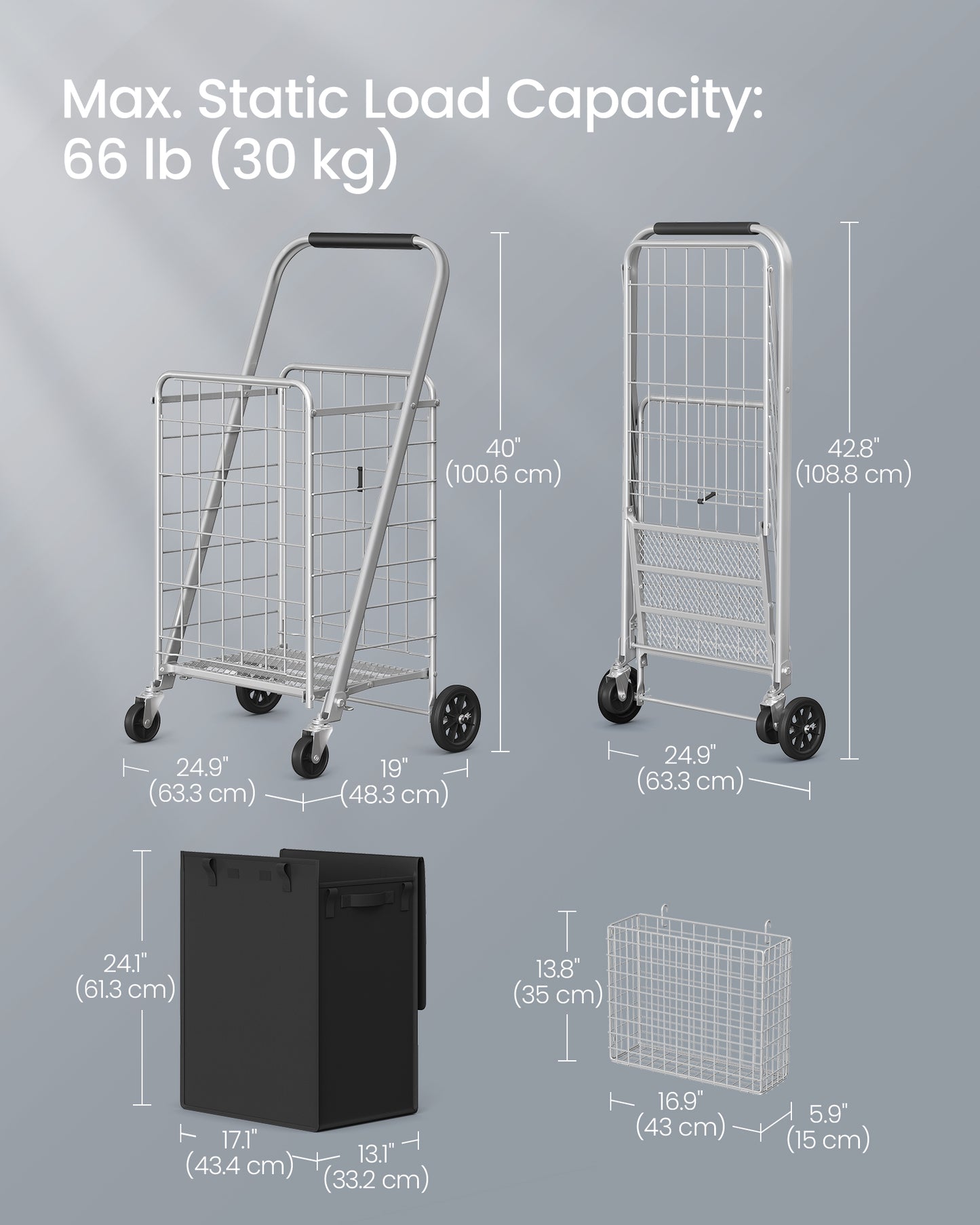 Shopping carts, Small Foldable Shopping Cart, Shopping Cartswith Detachable Liner, Utility Cart, 360° SwivelBag, Removable Basket