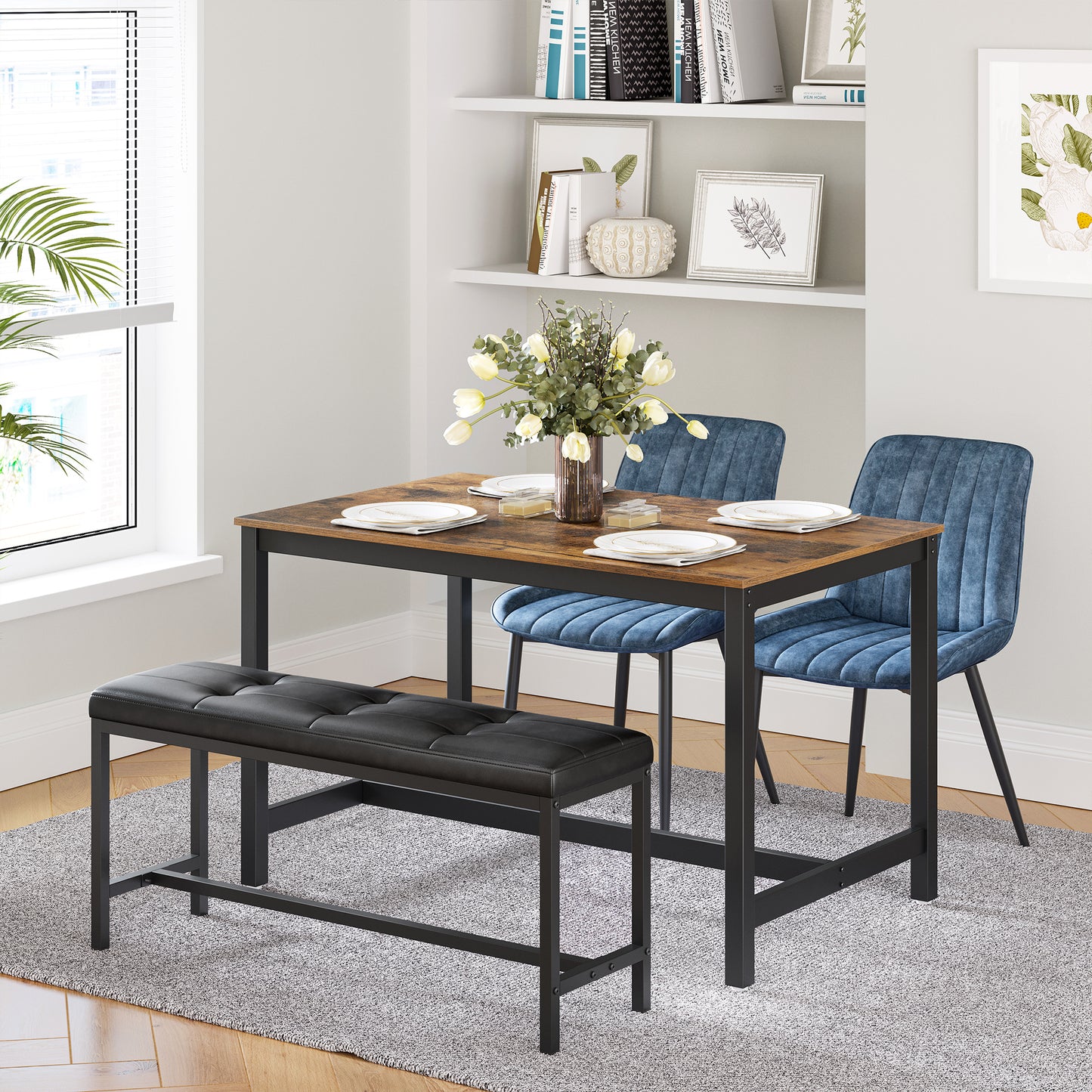 VASAGLE Dining Table Bench, Ottoman Bench with PU Leather Padded Seat, Steel Frame, 42.5 x 12.8 x 18.9 Inches, for Dining Room, Living Room, Hallway, Bedroom, Black