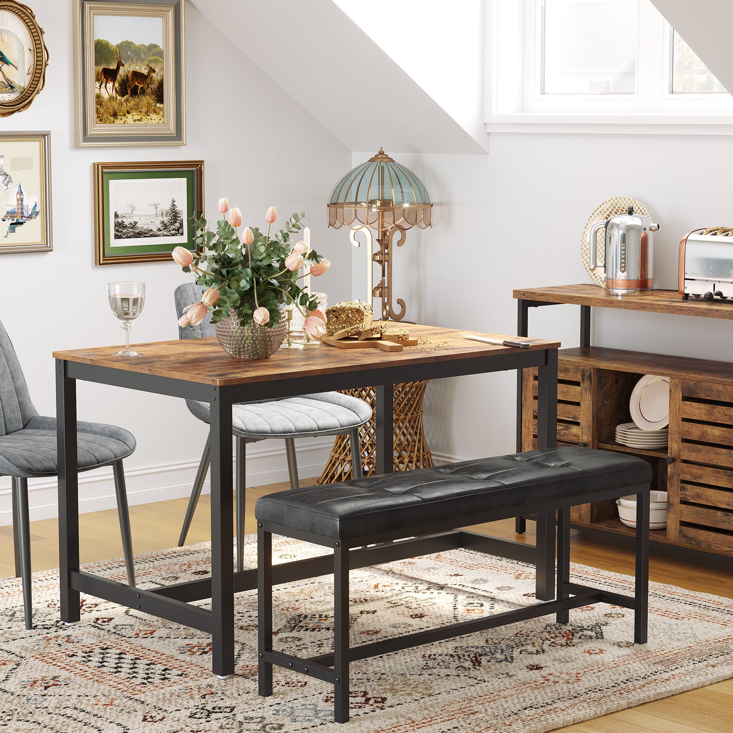 VASAGLE Dining Table Bench, Ottoman Bench with PU Leather Padded Seat, Steel Frame, 42.5 x 12.8 x 18.9 Inches, for Dining Room, Living Room, Hallway, Bedroom, Black