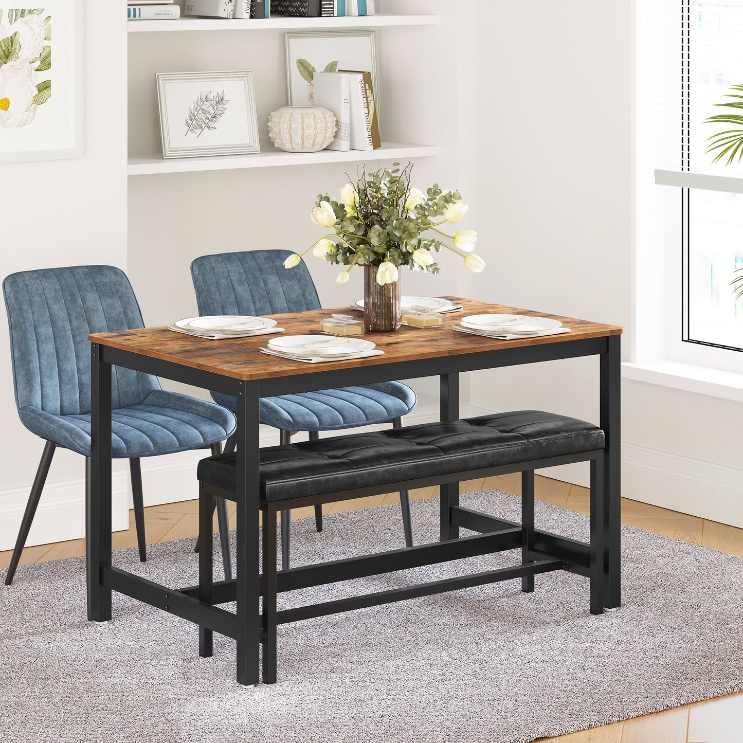 VASAGLE Dining Table Bench, Ottoman Bench with PU Leather Padded Seat, Steel Frame, 42.5 x 12.8 x 18.9 Inches, for Dining Room, Living Room, Hallway, Bedroom, Black