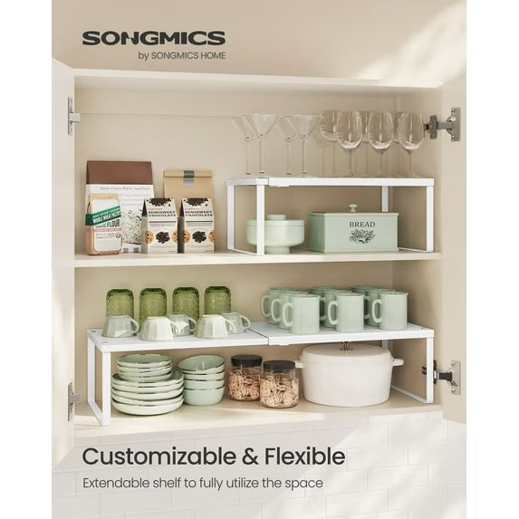 Kitchen Counter Shelf, Extendable Cupboard Organizer, Spice Rack, MTetal, Space-Saving, Matte White