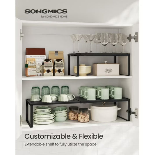 Kitchen Counter Shelf, Extendable Cupboard Organizer, Spice Radck, Metal, Space-Saving, Matte Black