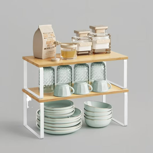 Kitchen Counter Shelves Set of 2 - Stackable Cabinet Organizer Shelf, Spice Rack, Metal and Engineered Wood Storage