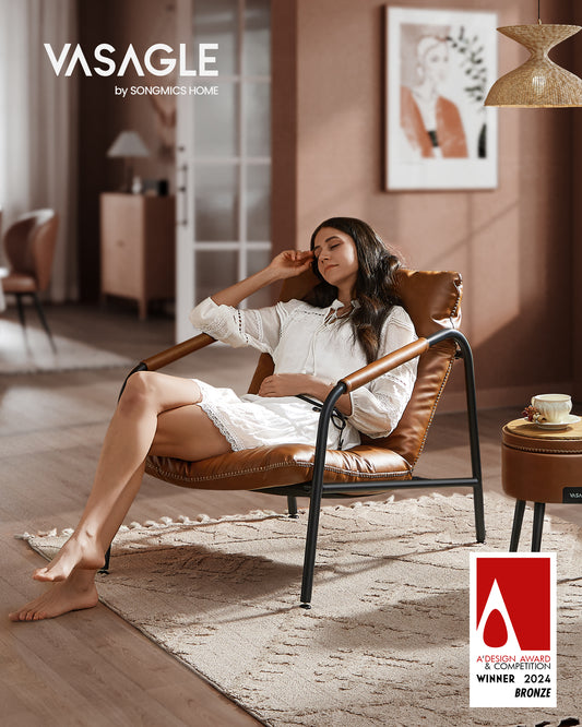 Accent Chair, Metal Framed Armchair, Synthetic Leather with Stitching, Mid-Century Modern, Sling Chair for Living, Bedroom, Reading Room, Lounge, Caramel Brown