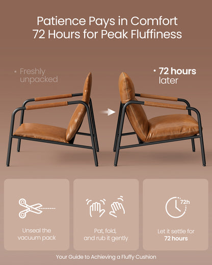 Accent Chair, Metal Framed Armchair, Synthetic Leather with Stitching, Mid-Century Modern, Sling Chair for Living, Bedroom, Reading Room, Lounge, Caramel Brown