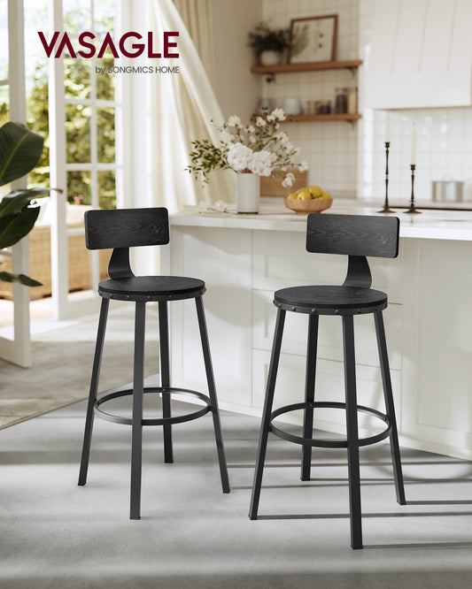 Bar Stools Set of 2, 28.7 Inch Counter Height Stools with Backrest, Steel Frame Bar Chairs for Kitchen & Dining, Easy Assembly, Black